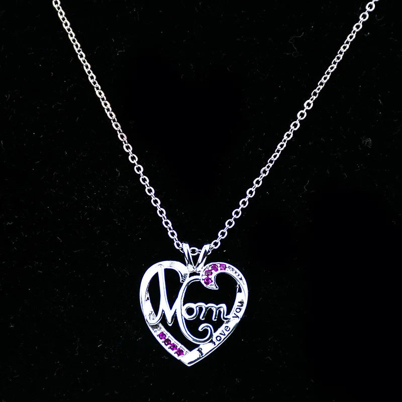 'I Love You Mom' Heart Pendant Necklace – 925 Sterling Silver, Zircon & Crystal