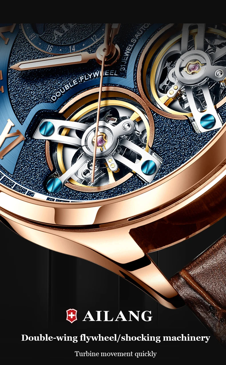 AILANG AL-8822 Double Flywheel Automatic Watch - Moon Phase, Transparent Back, Luxury