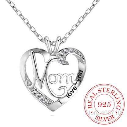 'I Love You Mom' Heart Pendant Necklace – 925 Sterling Silver, Zircon & Crystal