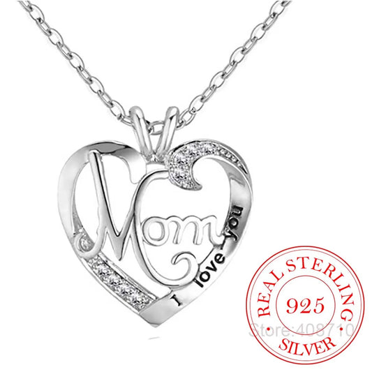 'I Love You Mom' Heart Pendant Necklace – 925 Sterling Silver, Zircon & Crystal