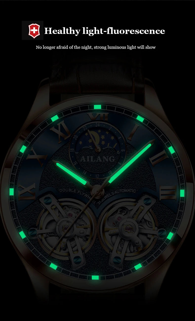 AILANG AL-8822 Double Flywheel Automatic Watch - Moon Phase, Transparent Back, Luxury