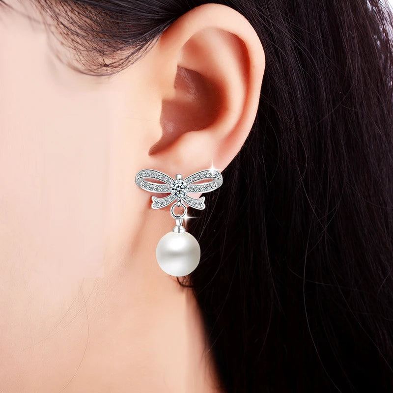 Pearl Bow Drop Earrings