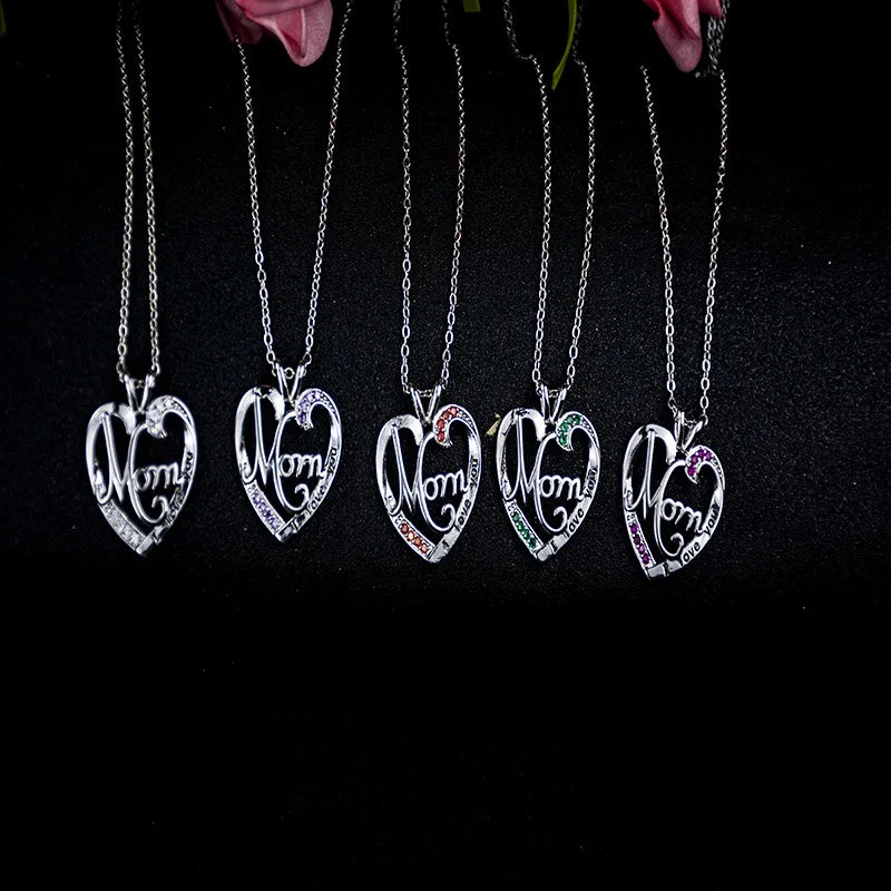 'I Love You Mom' Heart Pendant Necklace – 925 Sterling Silver, Zircon & Crystal