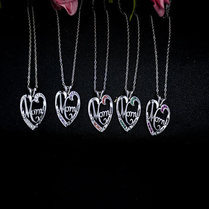 'I Love You Mom' Heart Pendant Necklace – 925 Sterling Silver, Zircon & Crystal