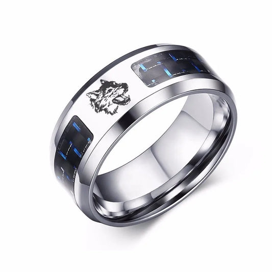 Wolf Engraved Men's Ring - 8mm Stainless Steel Blue Carbon Fiber Band