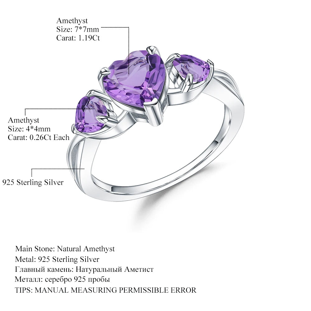 Natural Amethyst Heart Ring - 925 Sterling Silver, 1.19Ct