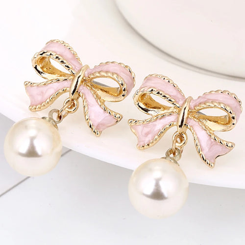 Pink Bow Pearl Earrings