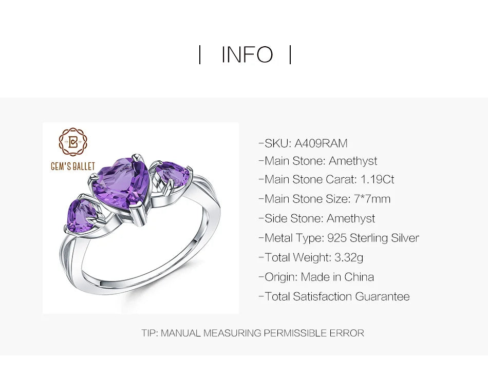 Natural Amethyst Heart Ring - 925 Sterling Silver, 1.19Ct