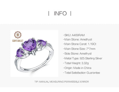 Natural Amethyst Heart Ring - 925 Sterling Silver, 1.19Ct