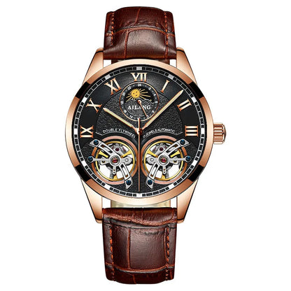 AILANG AL-8822 Double Flywheel Automatic Watch - Moon Phase, Transparent Back, Luxury