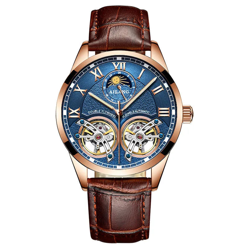 AILANG AL-8822 Double Flywheel Automatic Watch - Moon Phase, Transparent Back, Luxury