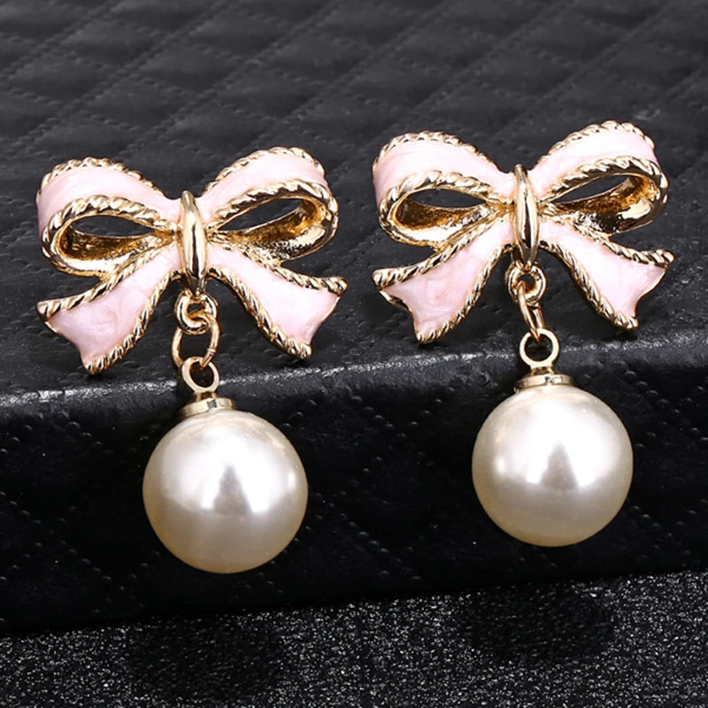 Pink Bow Pearl Earrings