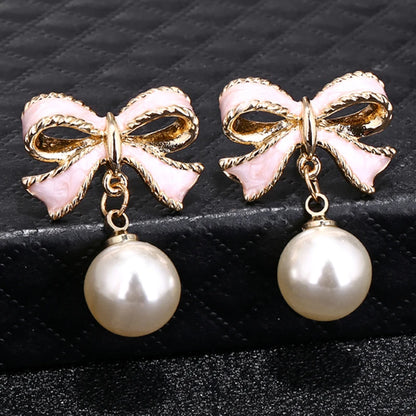 Pink Bow Pearl Earrings