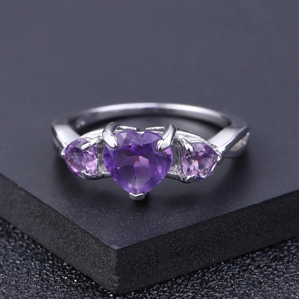 Natural Amethyst Heart Ring - 925 Sterling Silver, 1.19Ct