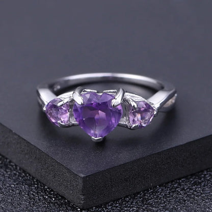 Natural Amethyst Heart Ring - 925 Sterling Silver, 1.19Ct