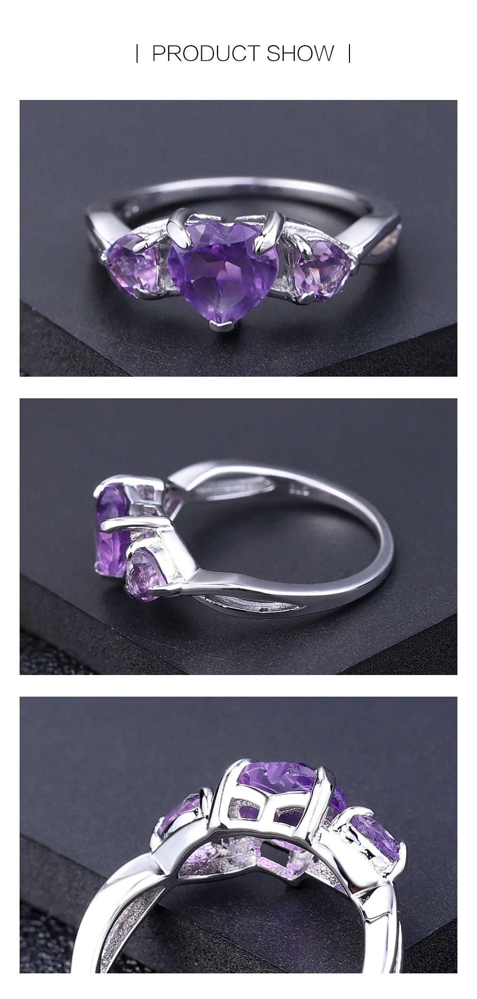 Natural Amethyst Heart Ring - 925 Sterling Silver, 1.19Ct