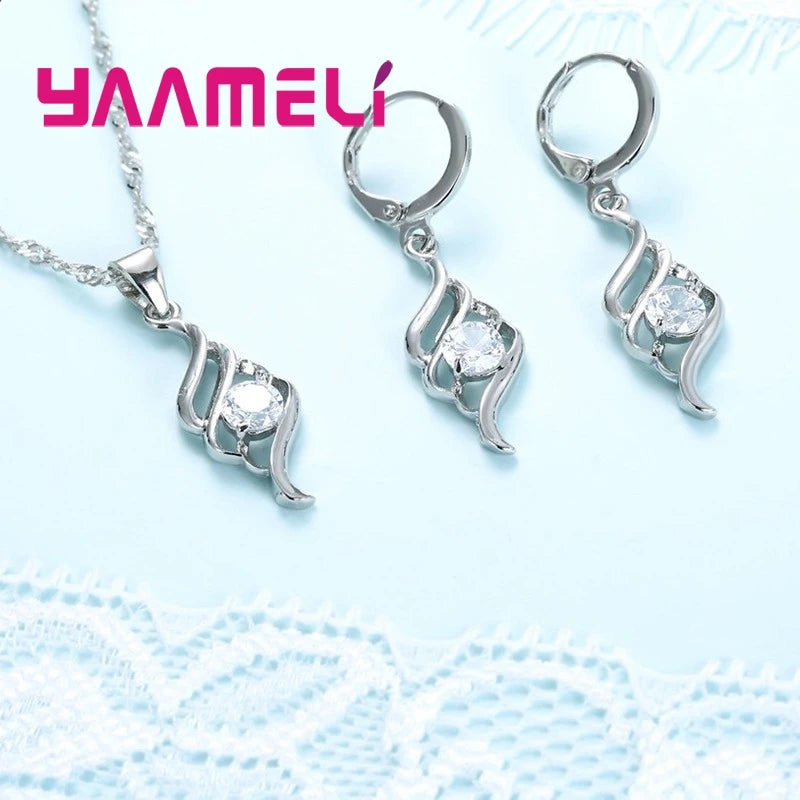 925 Sterling Silver Necklace and Hoop Earring Set with Cubic Zirconia