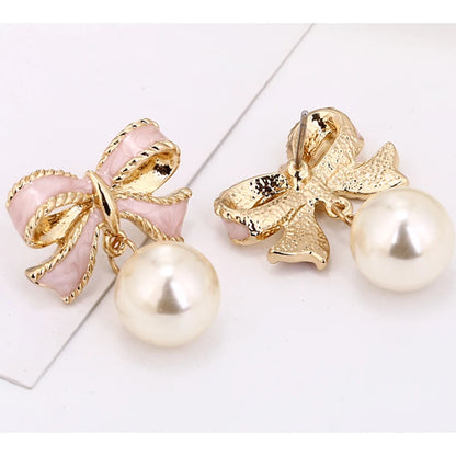 Pink Bow Pearl Earrings
