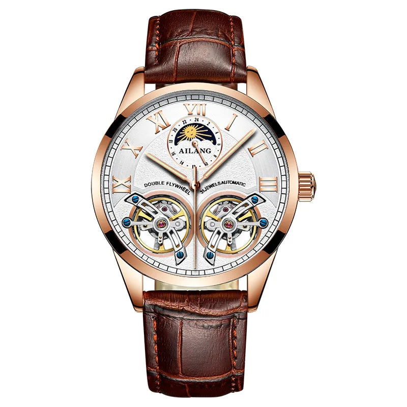 AILANG AL-8822 Double Flywheel Automatic Watch - Moon Phase, Transparent Back, Luxury