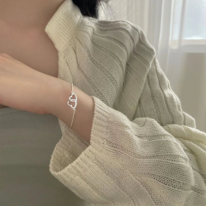 Double Heart Bracelet - Silver Plated Alloy