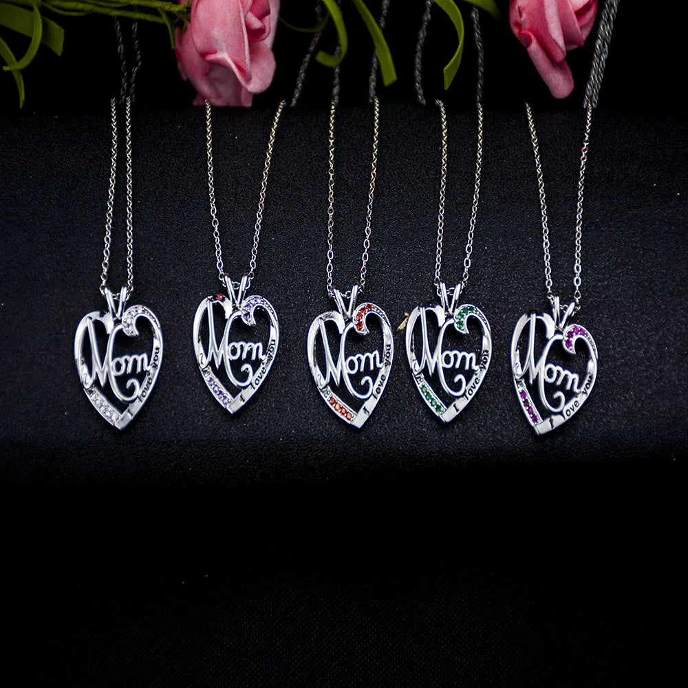 'I Love You Mom' Heart Pendant Necklace – 925 Sterling Silver, Zircon & Crystal