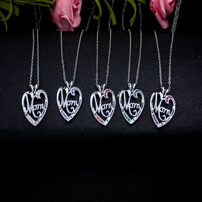 'I Love You Mom' Heart Pendant Necklace – 925 Sterling Silver, Zircon & Crystal