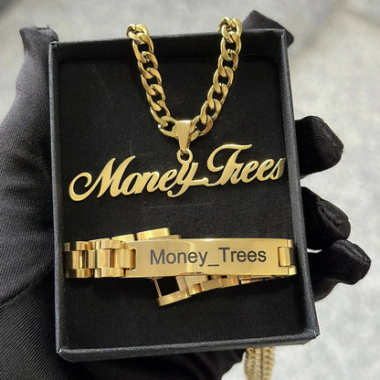 Custom Name Stainless Steel Necklace & Watch Chain Set