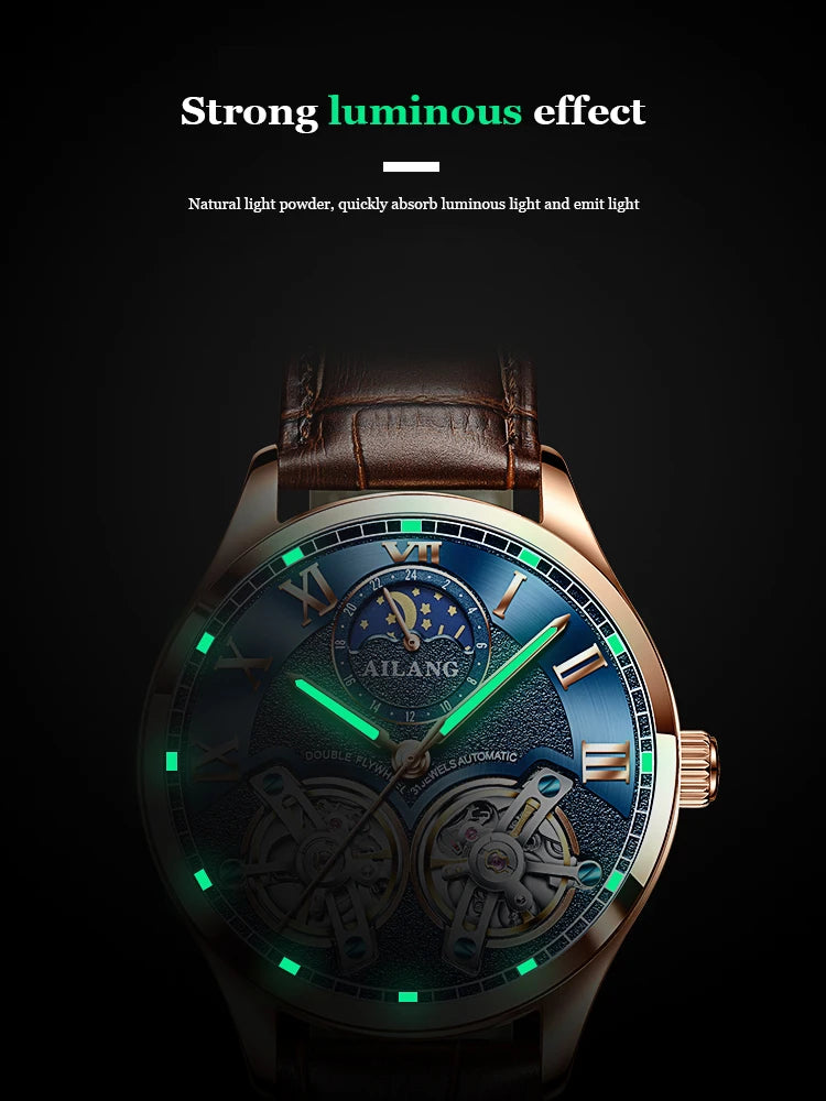 AILANG AL-8822 Double Flywheel Automatic Watch - Moon Phase, Transparent Back, Luxury