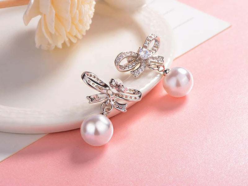 Pearl Bow Drop Earrings
