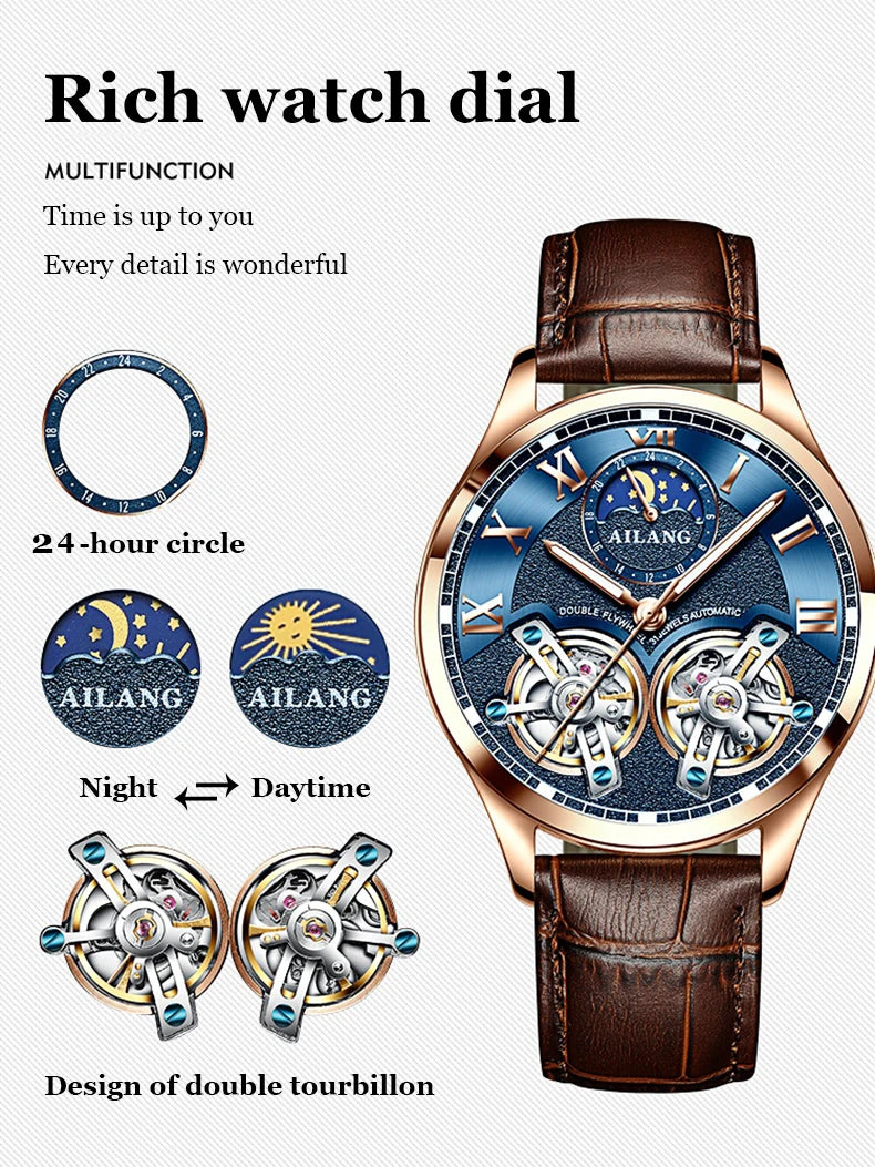 AILANG AL-8822 Double Flywheel Automatic Watch - Moon Phase, Transparent Back, Luxury