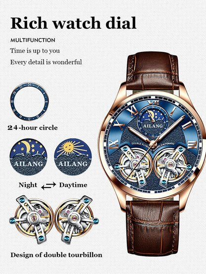 AILANG AL-8822 Double Flywheel Automatic Watch - Moon Phase, Transparent Back, Luxury