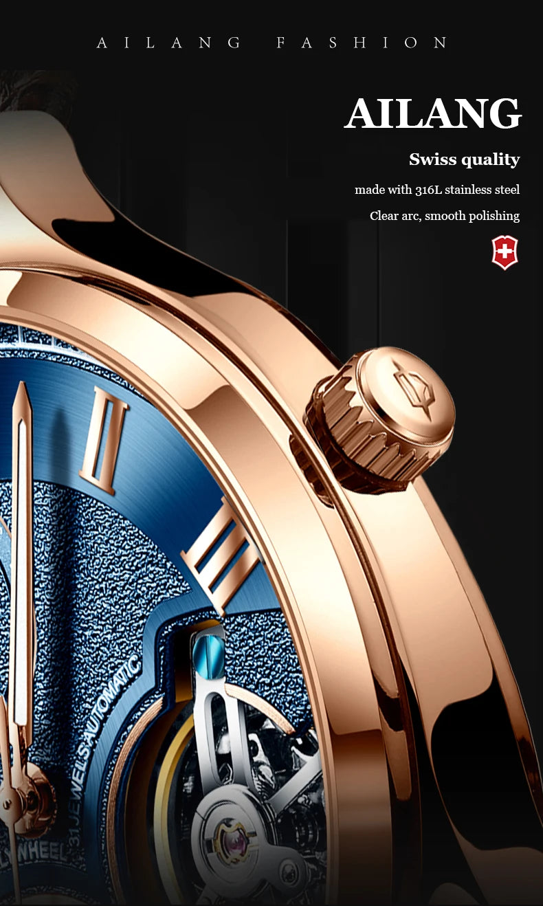 AILANG AL-8822 Double Flywheel Automatic Watch - Moon Phase, Transparent Back, Luxury