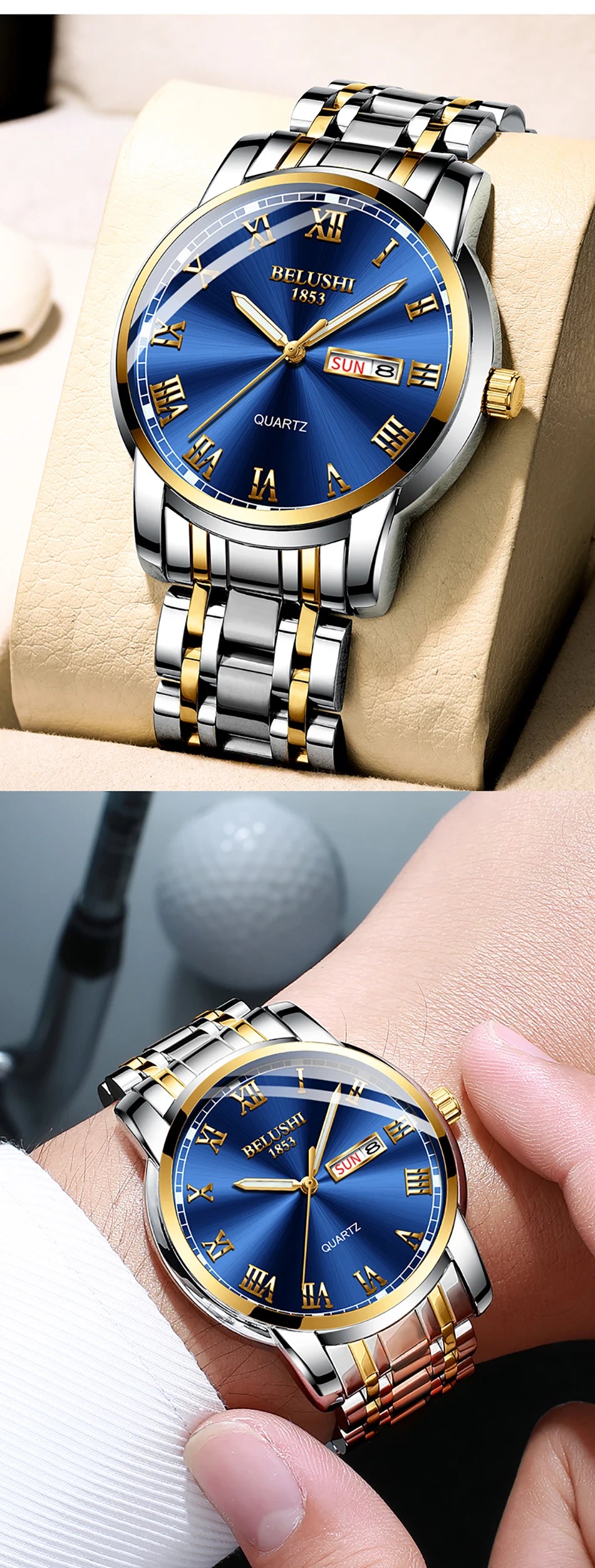 BELUSHI 556 Men's Sport Quartz Watch - Roman Numeral, Luminous, 3ATM, Stainless Steel Band