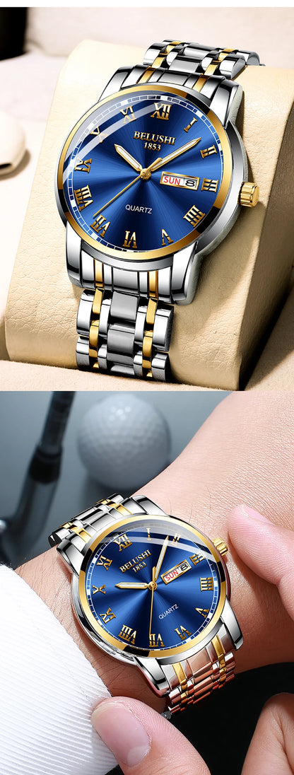BELUSHI 556 Men's Sport Quartz Watch - Roman Numeral, Luminous, 3ATM, Stainless Steel Band