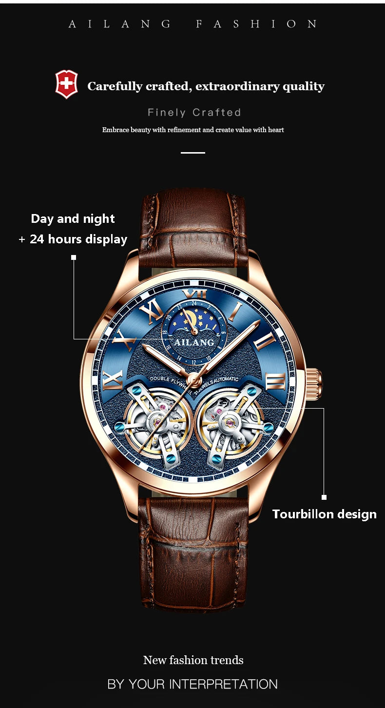 AILANG AL-8822 Double Flywheel Automatic Watch - Moon Phase, Transparent Back, Luxury