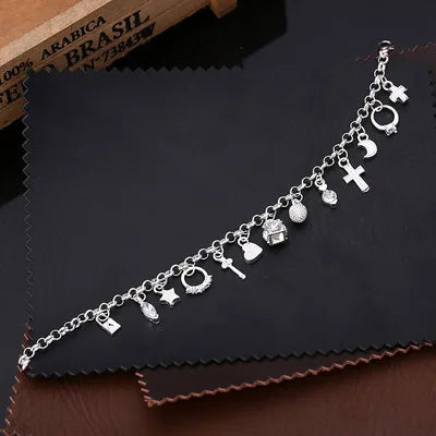 925 Sterling Silver Charm Bracelet - 13 Pendants