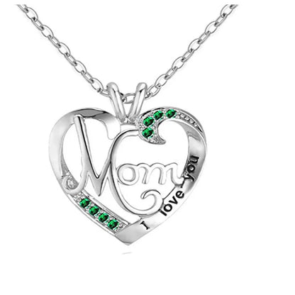 'I Love You Mom' Heart Pendant Necklace – 925 Sterling Silver, Zircon & Crystal