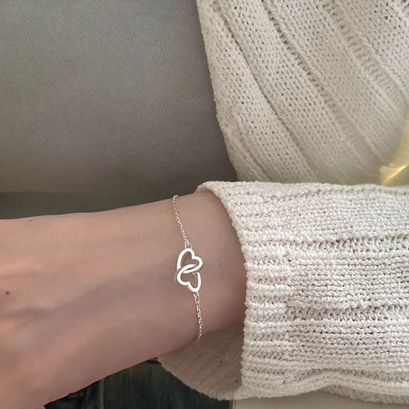 Double Heart Bracelet - Silver Plated Alloy