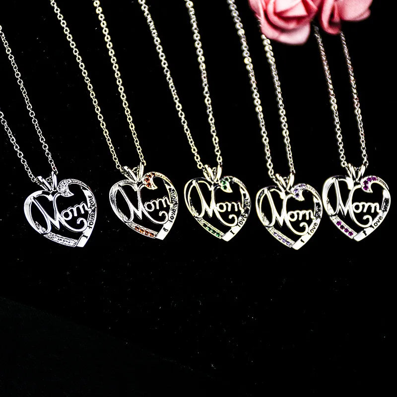 'I Love You Mom' Heart Pendant Necklace – 925 Sterling Silver, Zircon & Crystal