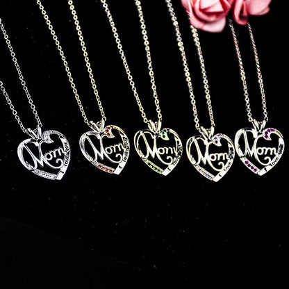'I Love You Mom' Heart Pendant Necklace – 925 Sterling Silver, Zircon & Crystal