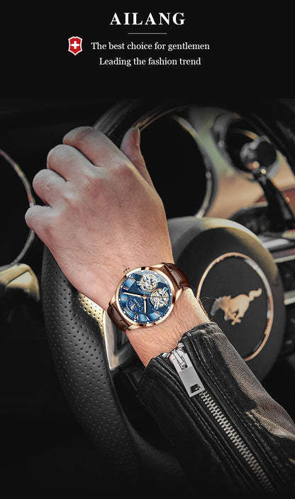AILANG AL-8822 Double Flywheel Automatic Watch - Moon Phase, Transparent Back, Luxury
