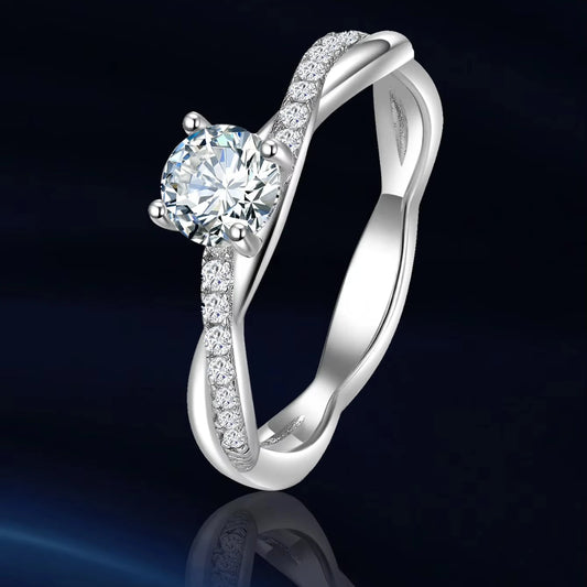 D Color Moissanite Ring - 925 Sterling Silver, Rhodium Plated