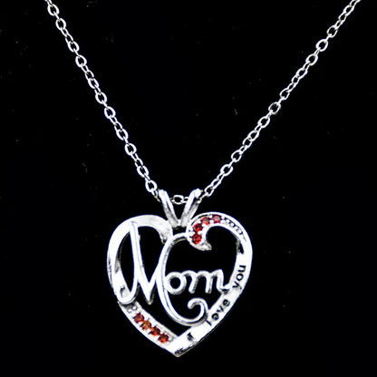 'I Love You Mom' Heart Pendant Necklace – 925 Sterling Silver, Zircon & Crystal