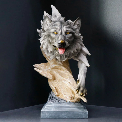 Wolf Head Resin Sculpture - Hand-Painted Wall Mount