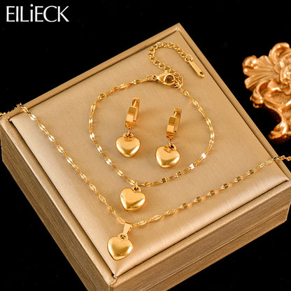 18K Gold Heart Love Jewelry Set - Necklace, Bracelet & Earrings