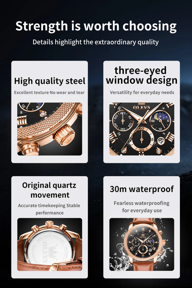 OLEVS 3660 Men's Watch - Moon Phase, Chronograph, Leather Strap, Waterproof, Anti-Magnetic