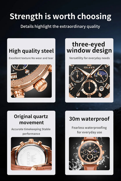OLEVS 3660 Men's Watch - Moon Phase, Chronograph, Leather Strap, Waterproof, Anti-Magnetic
