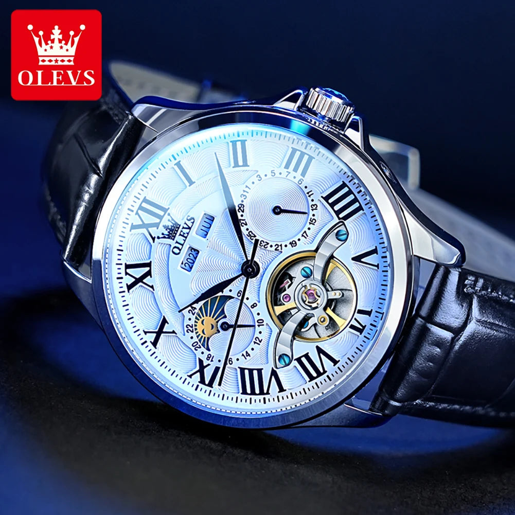 OLEVS 7013 Men's Watch - Moon Phase, Mechanical Automatic, Hollow Flywheel, Waterproof