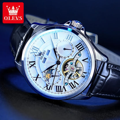 OLEVS 7013 Men's Watch - Moon Phase, Mechanical Automatic, Hollow Flywheel, Waterproof