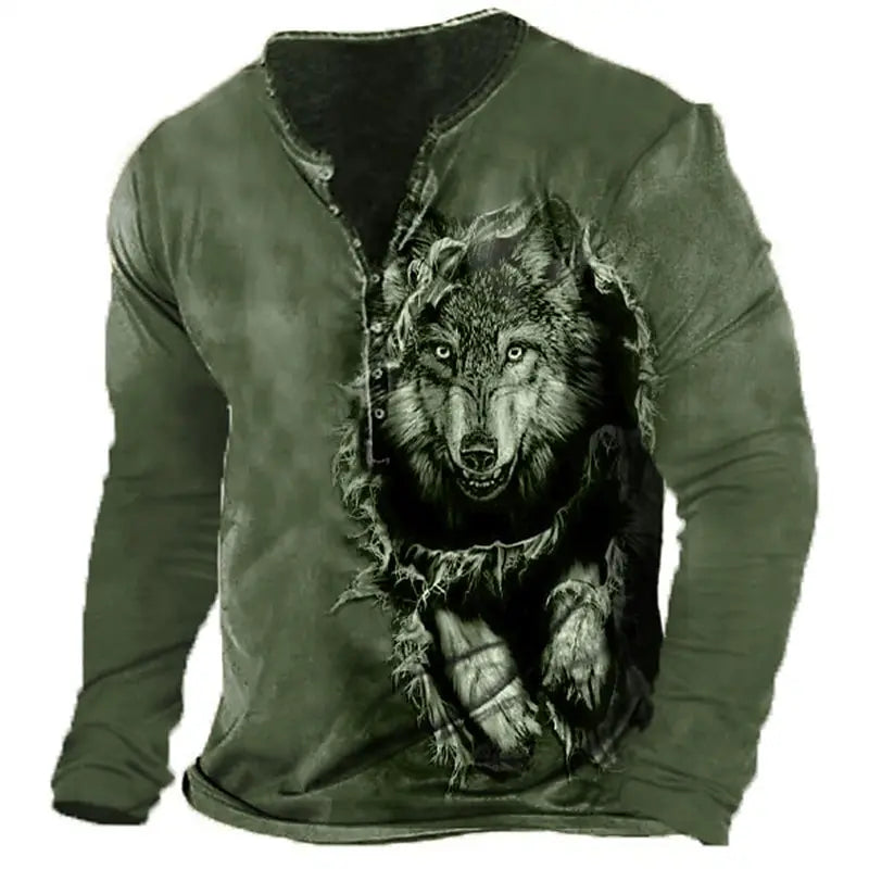 3D Wolf Men's T-Shirt - Polyester Long Sleeve Henry Collar